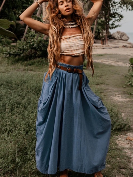 Thaluta Dresses & Skirts - Thaluta Pull On Ruched Maxi Skirt Cotton Bohemian Artsy Lagenlook Sustainable